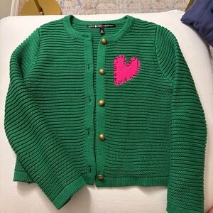 Aqua Bright Green Knit Cardigan with Pink Accent